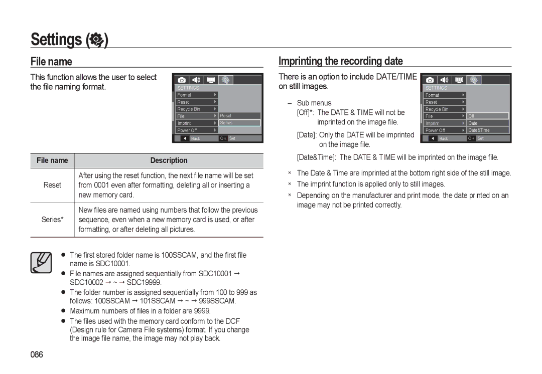 Samsung EC-WB550BBP/ME File name Imprinting the recording date, There is an option to include DATE/TIME on still images 