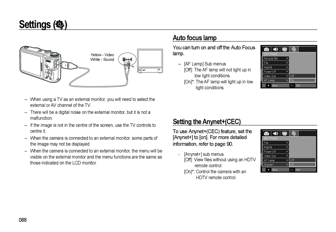 Samsung EC-WB550ABP/E3 manual Auto focus lamp, Setting the Anynet+CEC, You can turn on and off the Auto Focus lamp, 088 