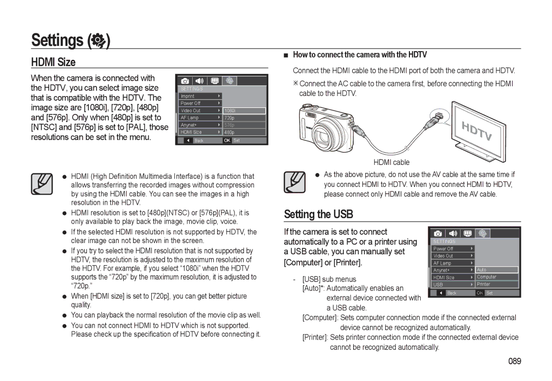 Samsung EC-WB550BBP/E3, EC-WB550BBP/FR, EC-WB550ABP/FR, EC-WB560BBP/FR manual Setting the USB, Computer or Printer, 089 