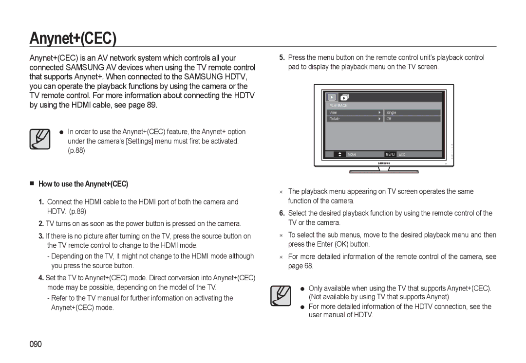 Samsung EC-WB550ABP/E2, EC-WB550BBP/FR, EC-WB550ABP/FR, EC-WB560BBP/FR, EC-WB550BBP/IT How to use the Anynet+CEC, 090 