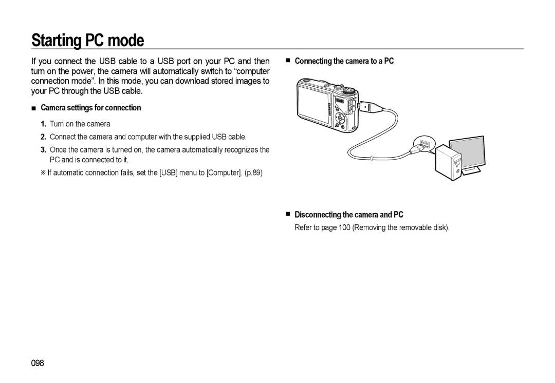 Samsung EC-WB550BBP/E1 manual Starting PC mode, Your PC through the USB cable, Camera settings for connection, 098 