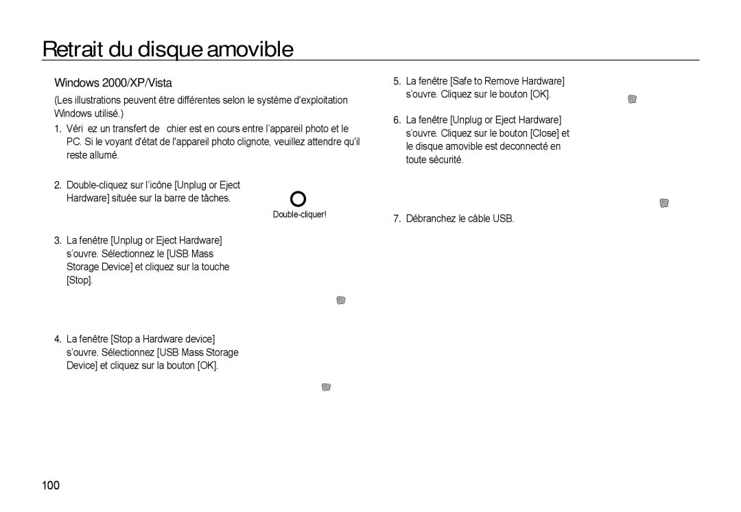 Samsung EC-WB560BBP/FR, EC-WB550BBP/FR manual Retrait du disque amovible, Windows 2000/XP/Vista, 100, Double-cliquer 