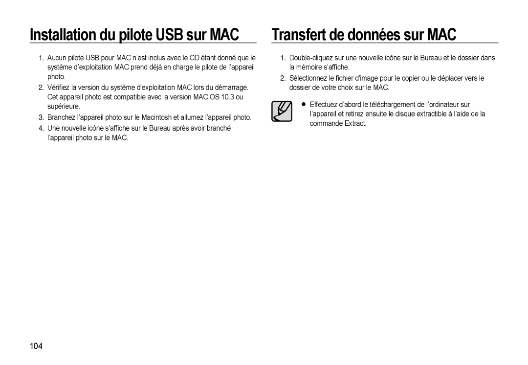 Samsung EC-WB550BBP/FR, EC-WB550ABP/FR, EC-WB560BBP/FR manual Transfert de données sur MAC, 104 