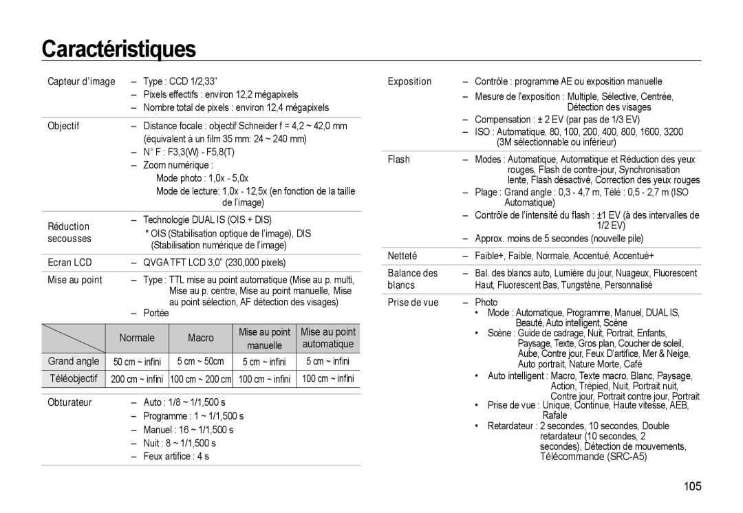 Samsung EC-WB550ABP/FR, EC-WB550BBP/FR, EC-WB560BBP/FR manual Caractéristiques, 105 