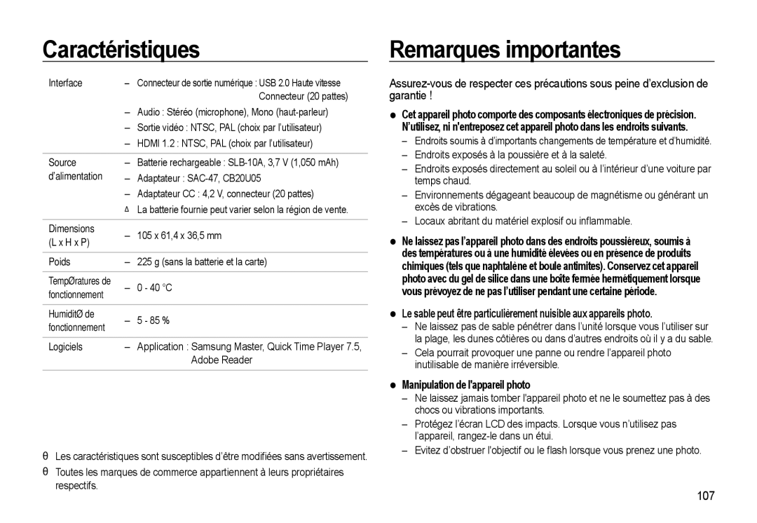 Samsung EC-WB550BBP/FR, EC-WB550ABP/FR, EC-WB560BBP/FR manual Remarques importantes, Manipulation de lappareil photo, 107 