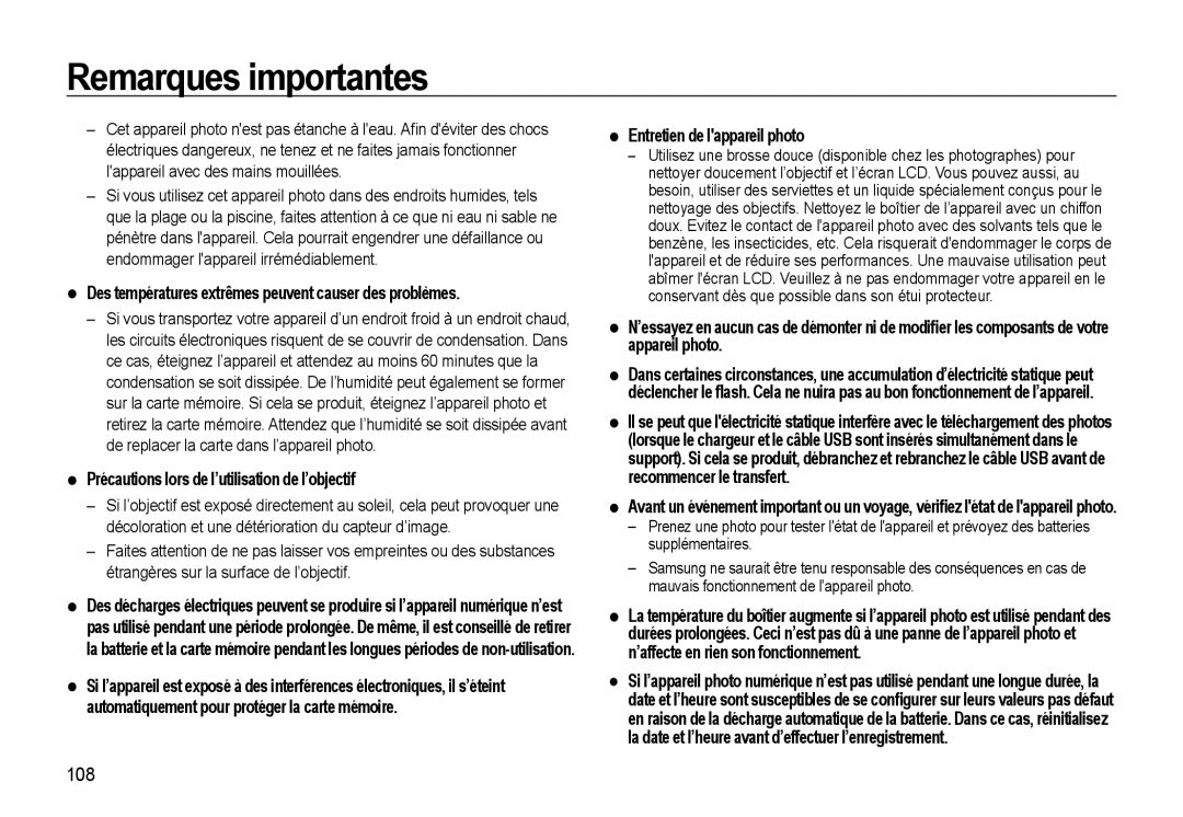 Samsung EC-WB550ABP/FR manual Des températures extrêmes peuvent causer des problèmes, Entretien de lappareil photo, 108 