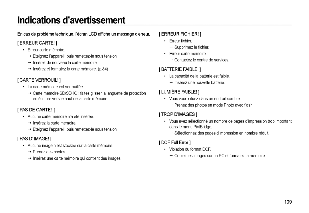 Samsung EC-WB560BBP/FR, EC-WB550BBP/FR, EC-WB550ABP/FR manual Indications d’avertissement, DCF Full Error, 109 