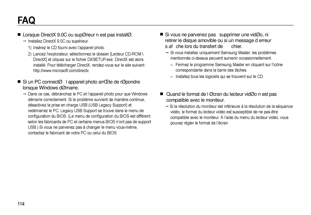 Samsung EC-WB550ABP/FR, EC-WB550BBP/FR, EC-WB560BBP/FR manual Lorsque DirectX 9.0C ou supérieur n’est pas installé, 114 