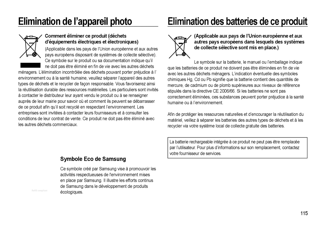 Samsung EC-WB560BBP/FR, EC-WB550BBP/FR, EC-WB550ABP/FR manual Elimination de l’appareil photo, 115 