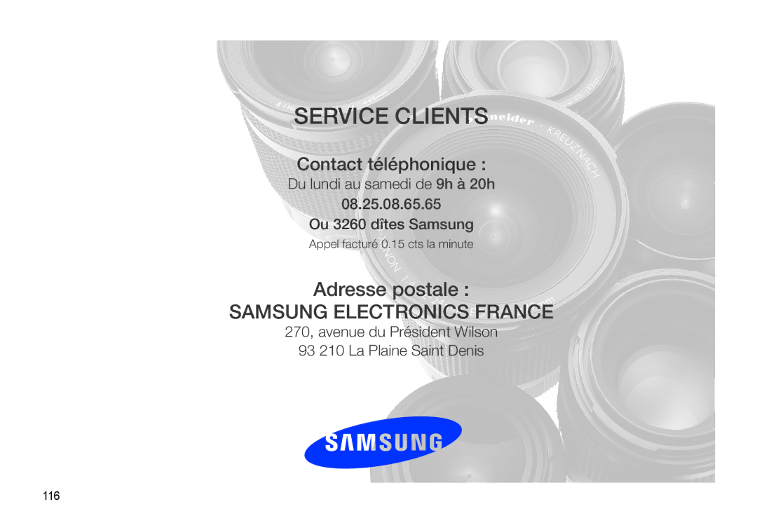 Samsung EC-WB550BBP/FR, EC-WB550ABP/FR, EC-WB560BBP/FR manual Service Clients, 116 