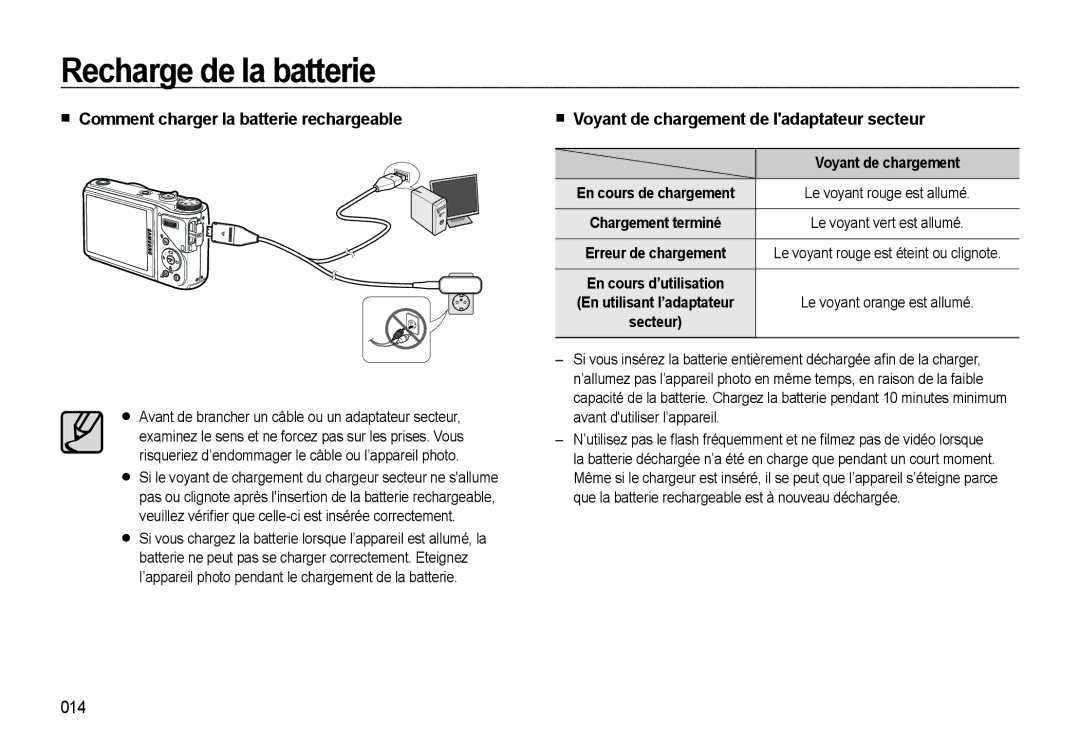 Samsung EC-WB550BBP/FR manual Comment charger la batterie rechargeable, Voyant de chargement de ladaptateur secteur, 014 