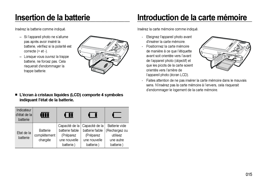 Samsung EC-WB550ABP/FR, EC-WB550BBP/FR manual Insertion de la batterie, Introduction de la carte mémoire, 015, Indicateur 