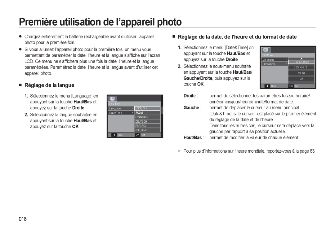 Samsung EC-WB550ABP/FR Première utilisation de l’appareil photo, Réglage de la date, de l’heure et du format de date, 018 