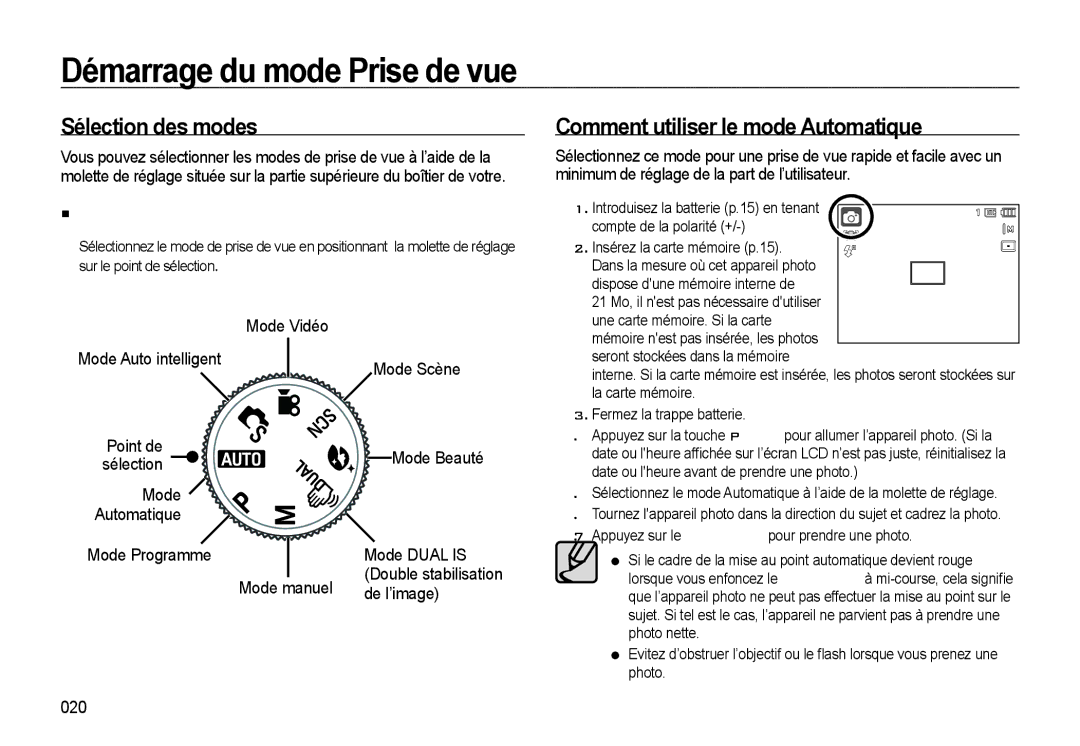 Samsung EC-WB550BBP/FR manual Démarrage du mode Prise de vue, Sélection des modes, Comment utiliser le mode Automatique 