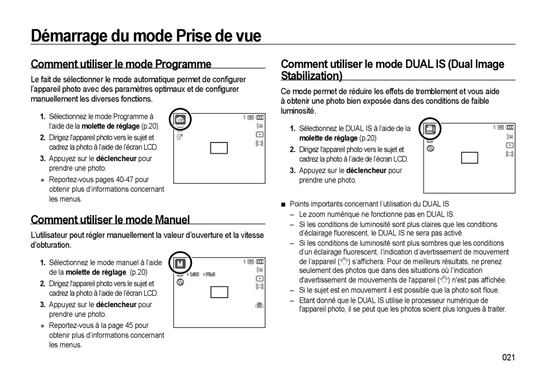 Samsung EC-WB550ABP/FR Comment utiliser le mode Programme, Comment utiliser le mode Manuel, 021, Molette de réglage p.20 