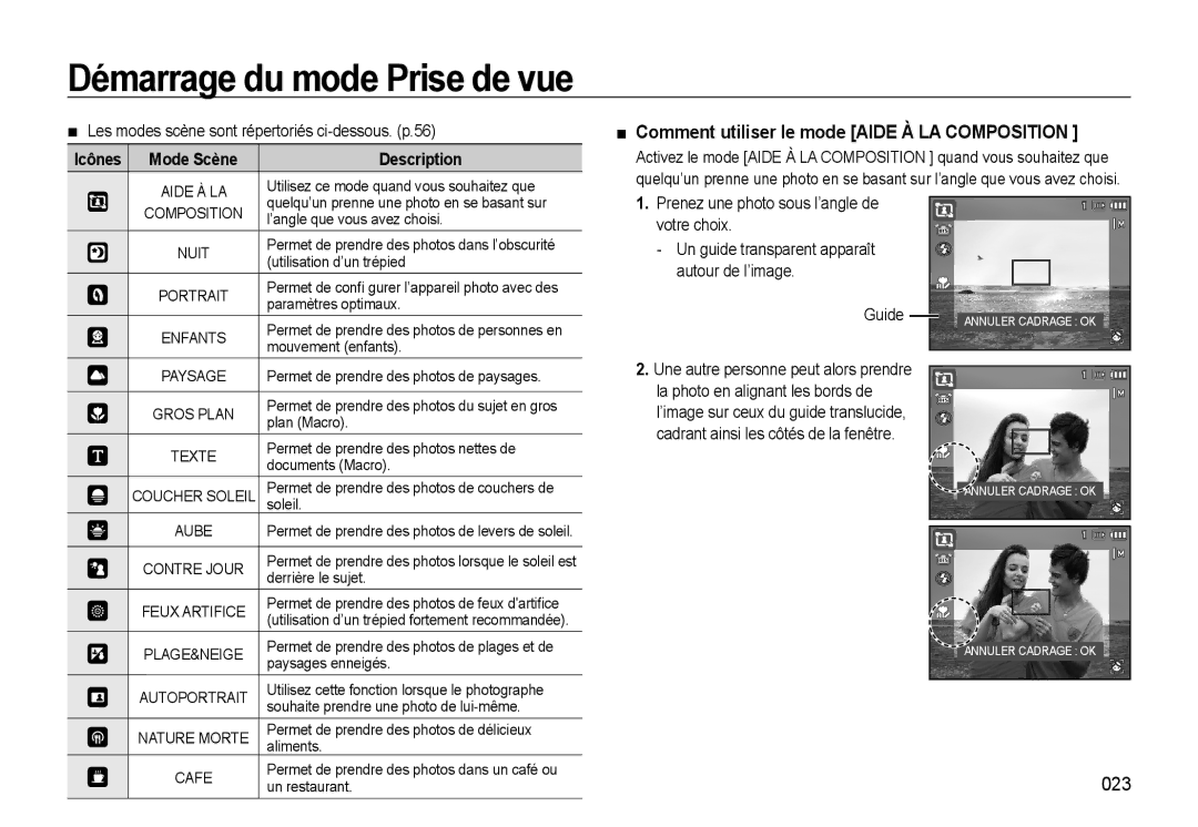 Samsung EC-WB550BBP/FR, EC-WB550ABP/FR, EC-WB560BBP/FR manual Comment utiliser le mode Aide À LA Composition, 023, Icônes 