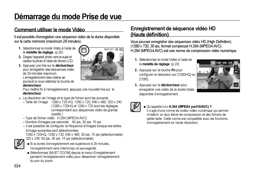 Samsung EC-WB550ABP/FR manual Comment utiliser le mode Vidéo, Enregistrement de séquence vidéo HD Haute déﬁnition, 024 