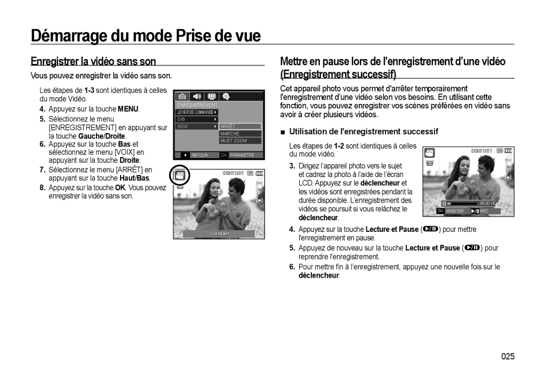 Samsung EC-WB560BBP/FR, EC-WB550BBP/FR manual Enregistrer la vidéo sans son, Vous pouvez enregistrer la vidéo sans son, 025 