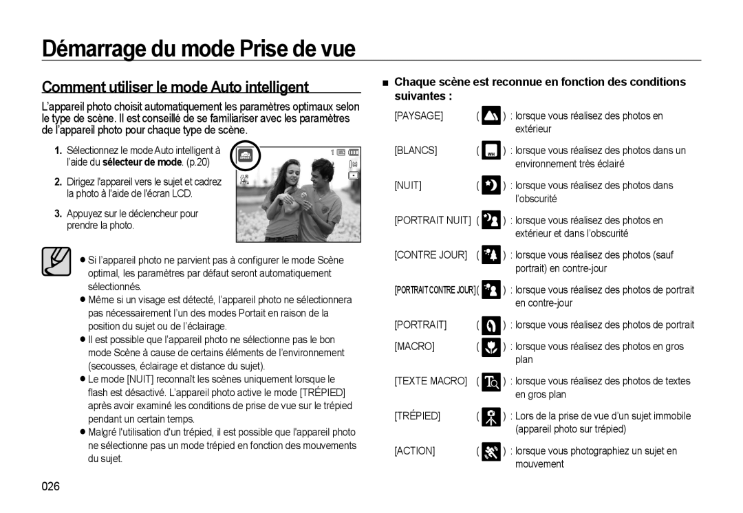 Samsung EC-WB550BBP/FR, EC-WB550ABP/FR, EC-WB560BBP/FR manual Comment utiliser le mode Auto intelligent, 026 