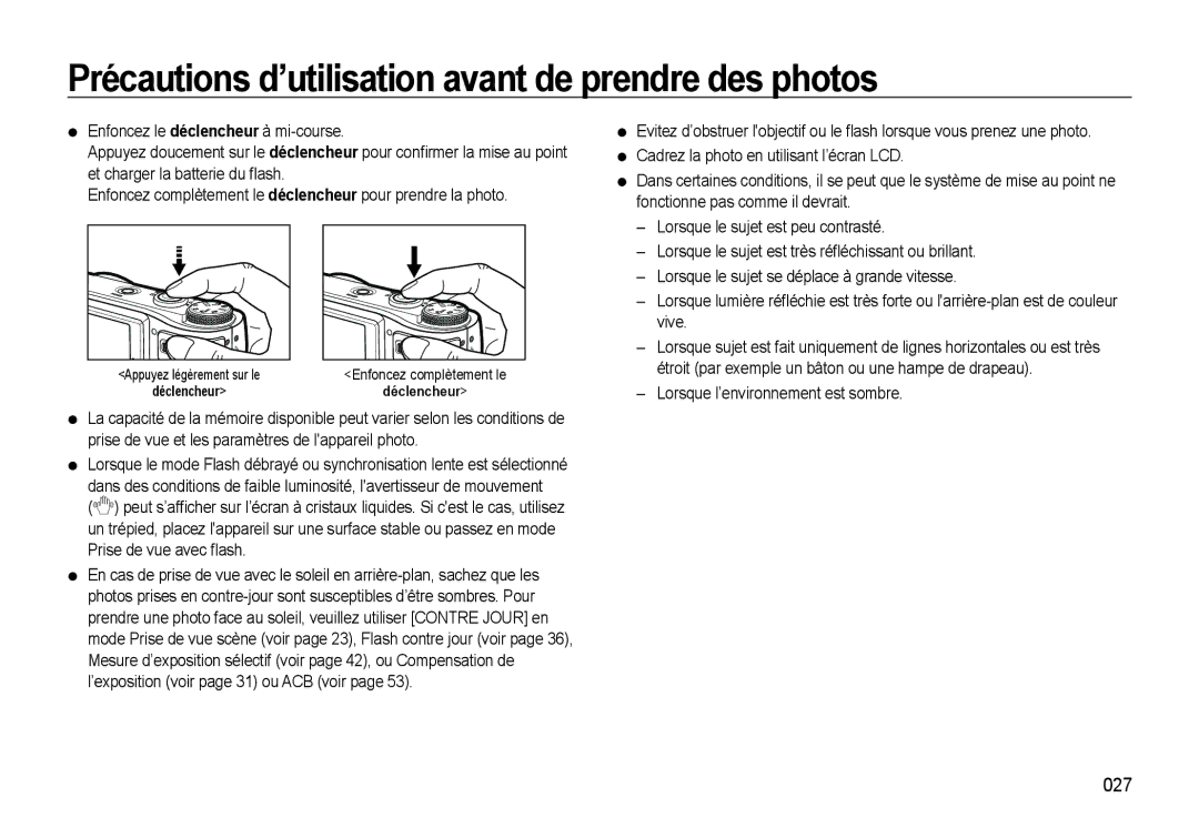 Samsung EC-WB550ABP/FR, EC-WB550BBP/FR, EC-WB560BBP/FR manual Précautions d’utilisation avant de prendre des photos, 027 