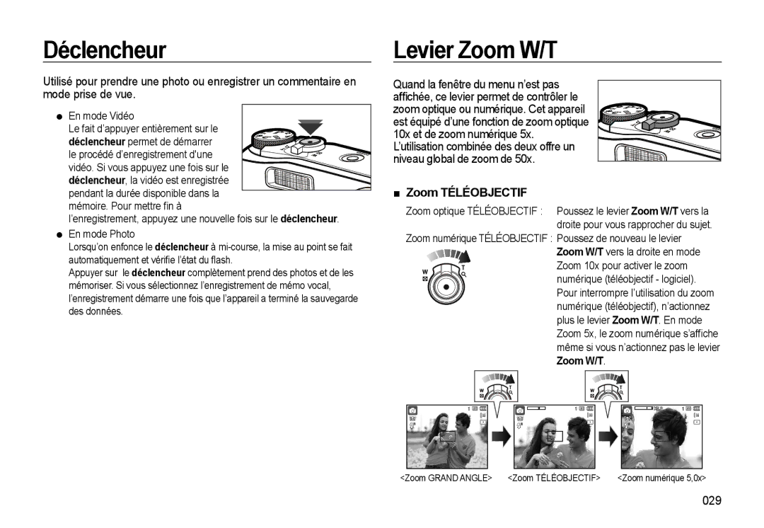 Samsung EC-WB550BBP/FR manual Déclencheur, Levier Zoom W/T, Quand la fenêtre du menu n’est pas, Zoom Téléobjectif, 029 