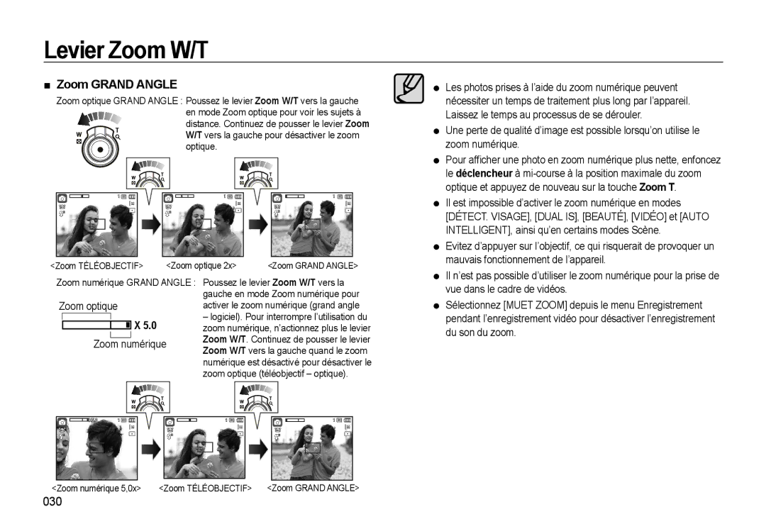 Samsung EC-WB550ABP/FR, EC-WB550BBP/FR, EC-WB560BBP/FR manual Zoom Grand Angle, 030, Zoom optique Zoom numérique 