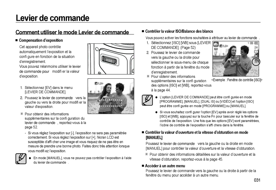 Samsung EC-WB560BBP/FR Comment utiliser le mode Levier de commande, Compensation d’exposition, Accéder à un autre menu 