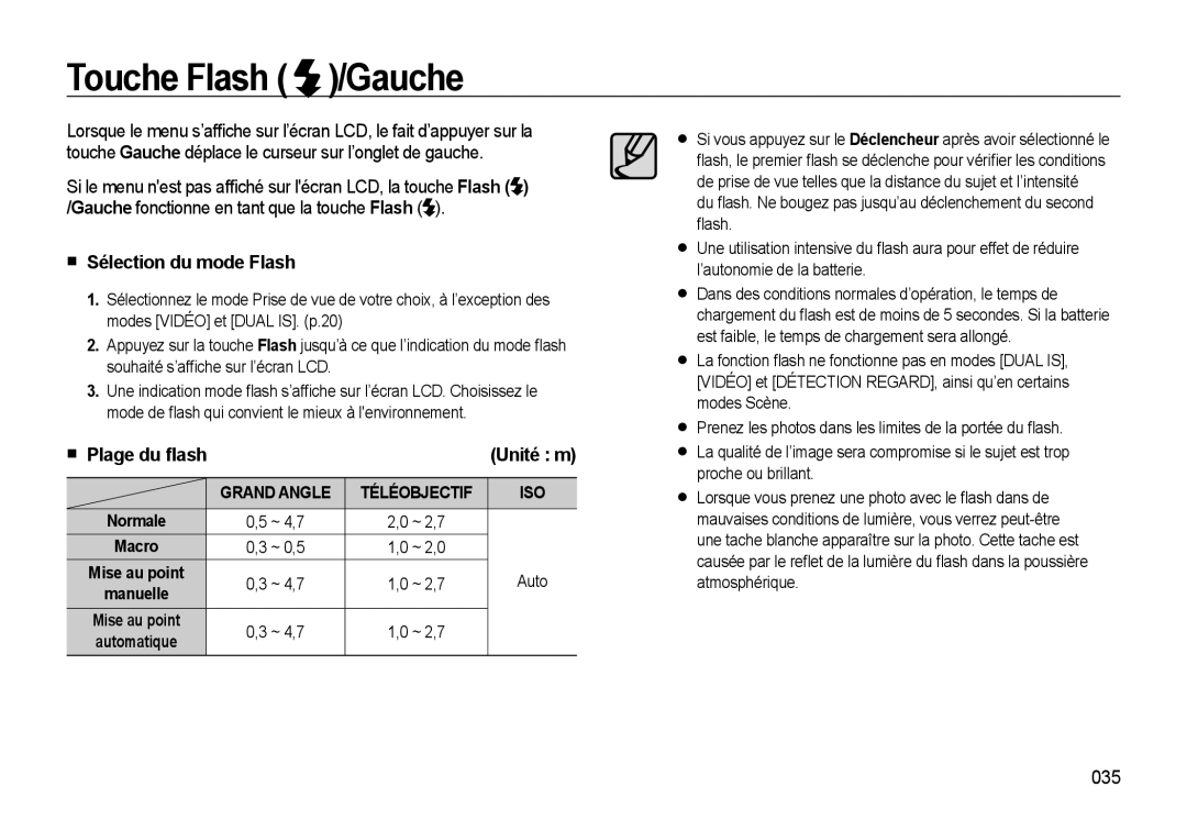 Samsung EC-WB550BBP/FR, EC-WB550ABP/FR, EC-WB560BBP/FR manual Touche Flash /Gauche, Sélection du mode Flash, 035 