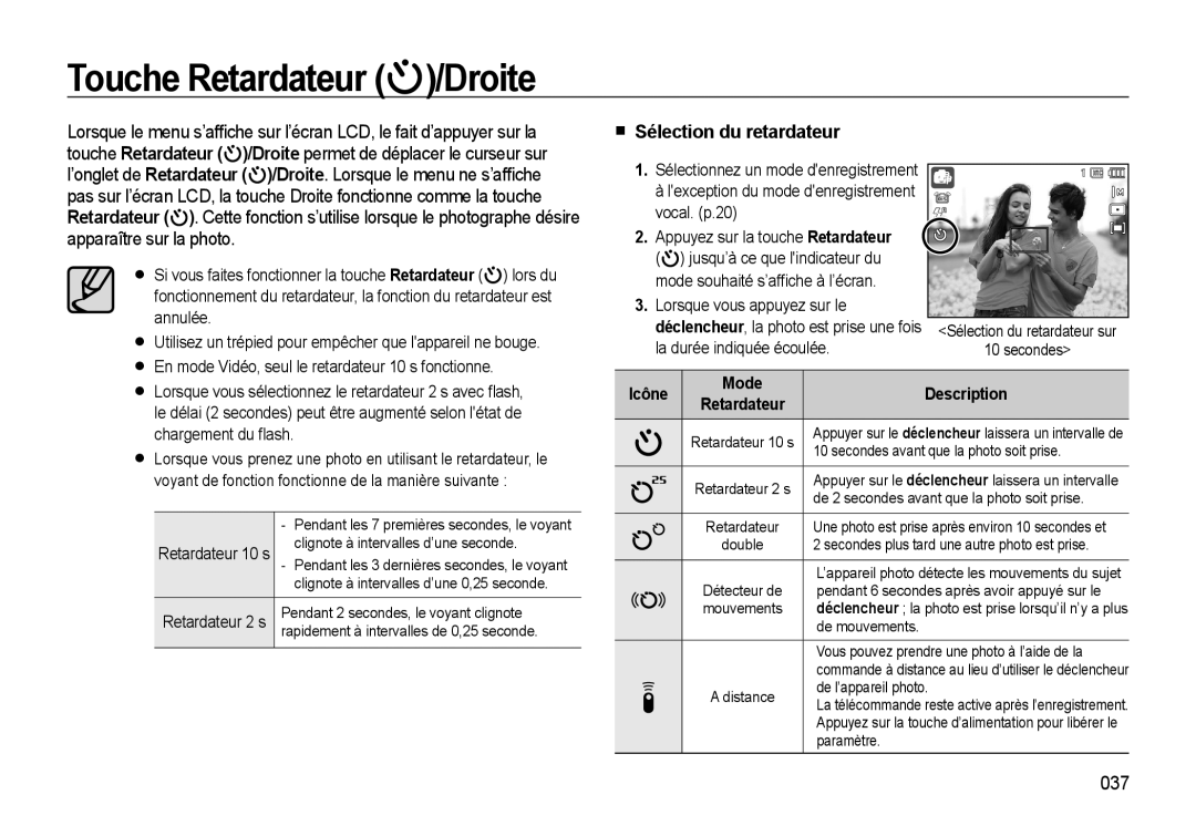 Samsung EC-WB560BBP/FR, EC-WB550BBP/FR, EC-WB550ABP/FR Touche Retardateur /Droite, Sélection du retardateur, 037, Icône 