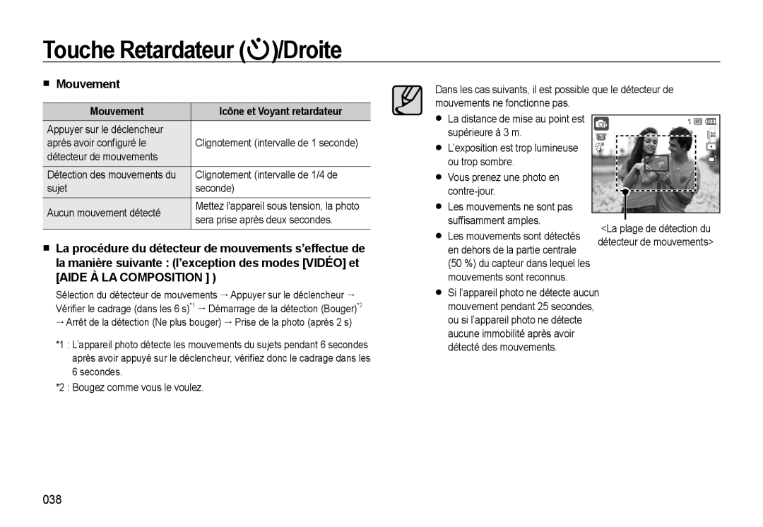 Samsung EC-WB550BBP/FR, EC-WB550ABP/FR manual Mouvement, 038, Sera prise après deux secondes, Icône et Voyant retardateur 