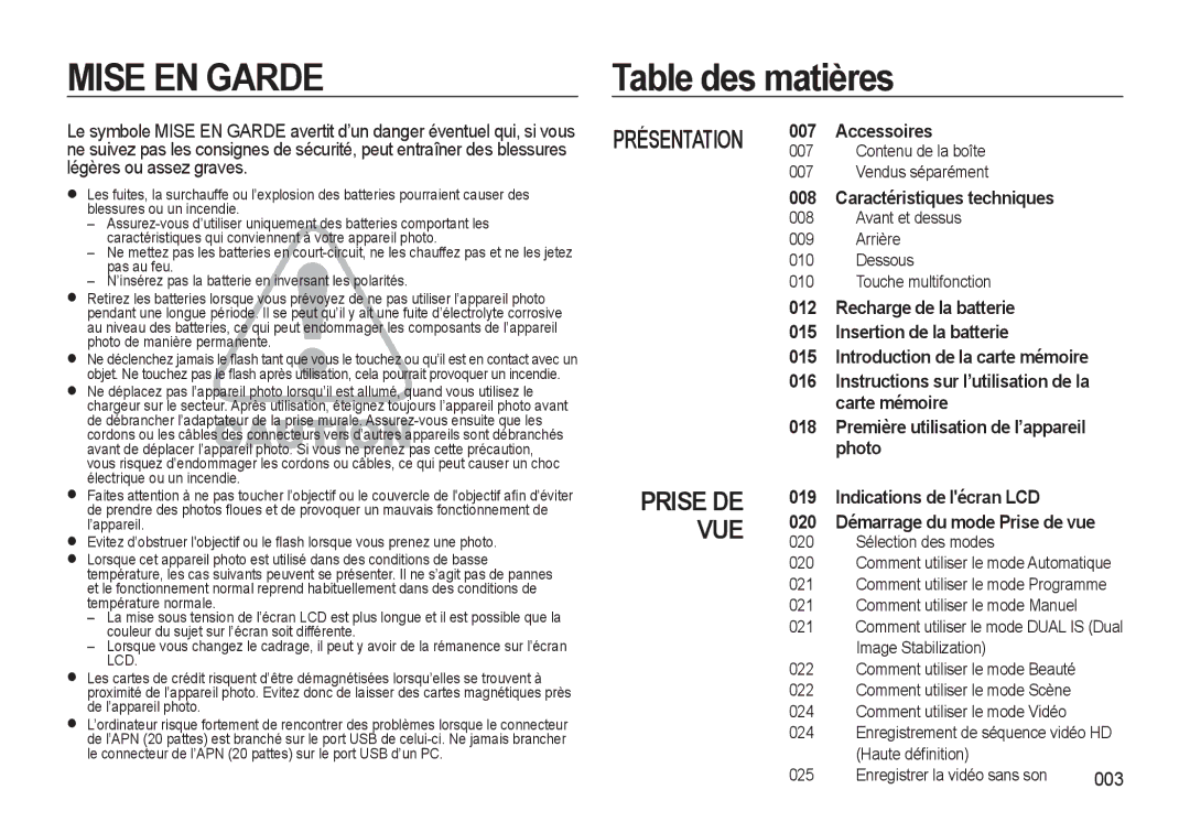 Samsung EC-WB550ABP/FR, EC-WB550BBP/FR, EC-WB560BBP/FR Table des matières, Accessoires, Caractéristiques techniques, 003 