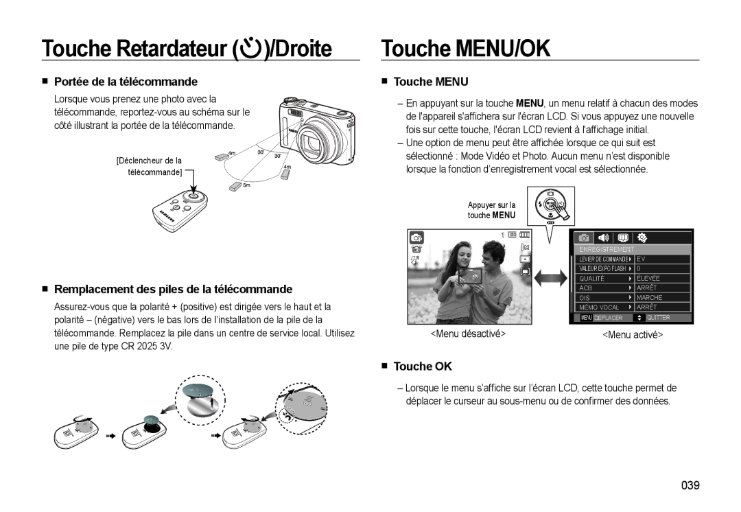 Samsung EC-WB550ABP/FR Touche MENU/OK, Portée de la télécommande, Touche Menu, Remplacement des piles de la télécommande 