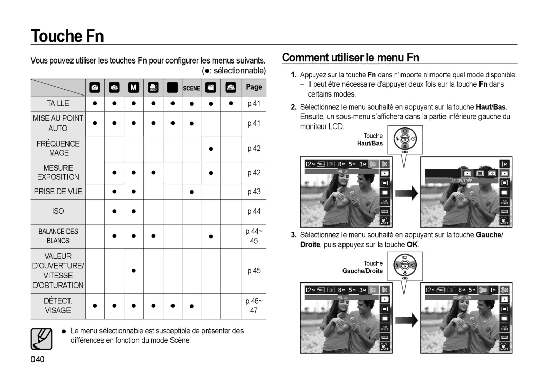 Samsung EC-WB560BBP/FR, EC-WB550BBP/FR, EC-WB550ABP/FR manual Touche Fn, Comment utiliser le menu Fn, 040, Fréquence 