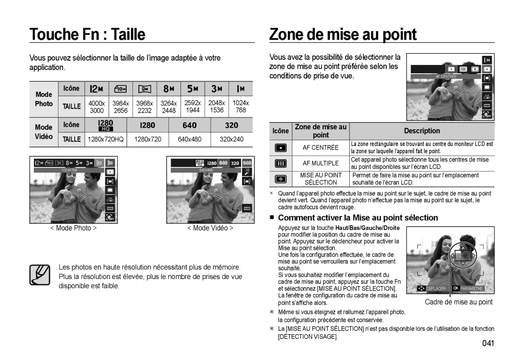 Samsung EC-WB550BBP/FR manual Touche Fn Taille, Zone de mise au point, Comment activer la Mise au point sélection, 041 