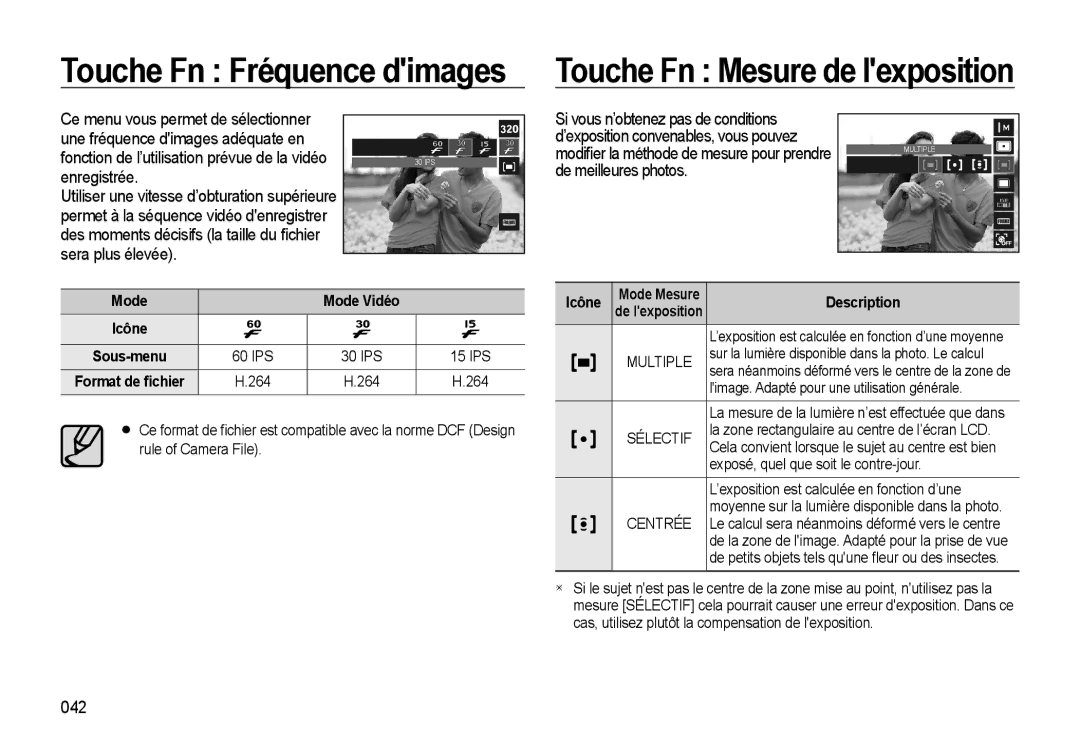 Samsung EC-WB550ABP/FR, EC-WB550BBP/FR Touche Fn Fréquence dimages Touche Fn Mesure de lexposition, 042, Mode Mode Vidéo 