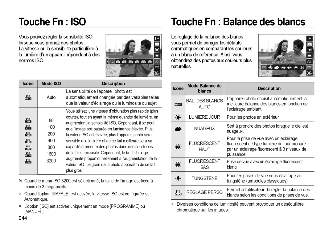 Samsung EC-WB550BBP/FR manual Touche Fn ISO, Touche Fn Balance des blancs, Lorsque vous prenez des photos, Normes ISO, 044 