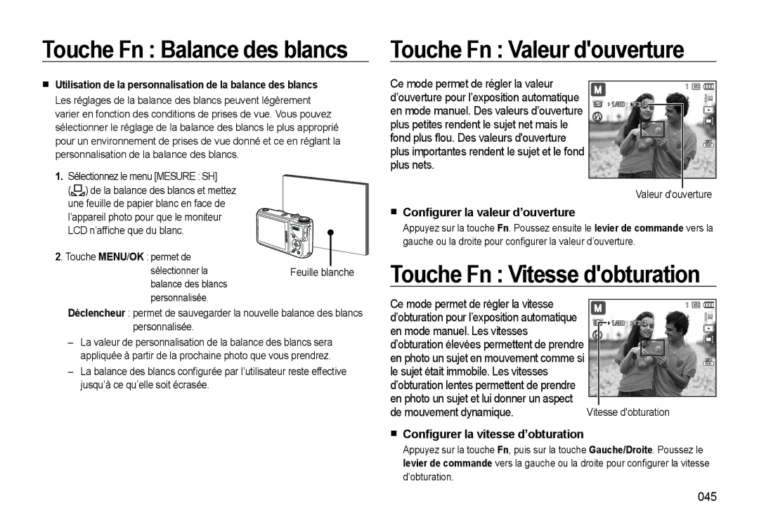 Samsung EC-WB550ABP/FR manual Touche Fn Balance des blancs Touche Fn Valeur douverture, Touche Fn Vitesse dobturation, 045 