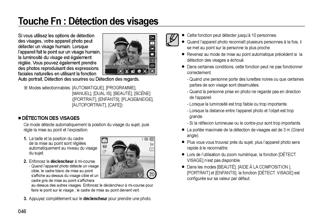 Samsung EC-WB560BBP/FR, EC-WB550BBP/FR manual Touche Fn Détection des visages, 046, Cible, le cadre blanc de mise au point 