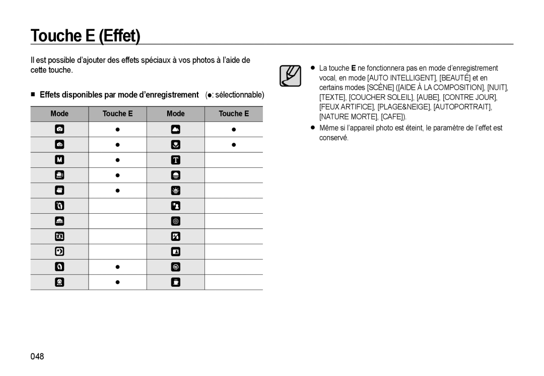 Samsung EC-WB550ABP/FR, EC-WB550BBP/FR, EC-WB560BBP/FR manual Touche E Effet, 048, Sélectionnable, Mode Touche E 