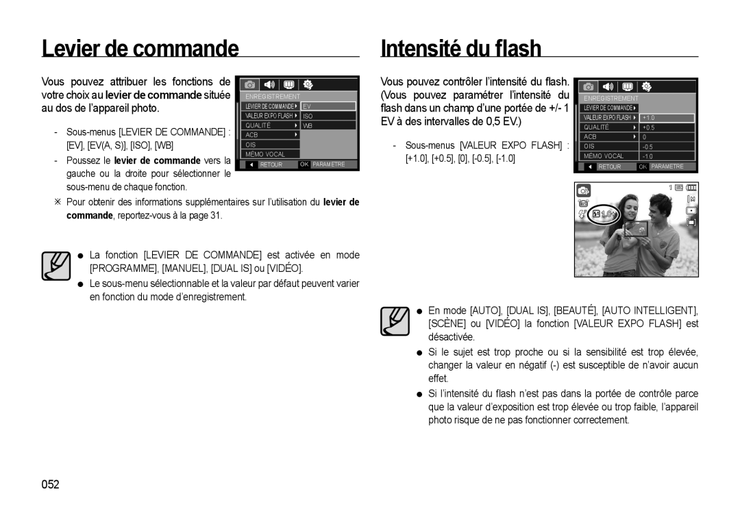 Samsung EC-WB560BBP/FR manual Levier de commande Intensité du ﬂash, 052, Sous-menus Valeur Expo Flash +1.0, +0.5, 0, -0.5 