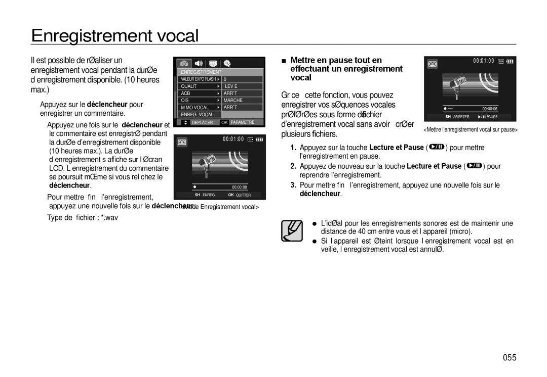 Samsung EC-WB560BBP/FR manual Enregistrement vocal, Mettre en pause tout en effectuant un enregistrement vocal, 055 