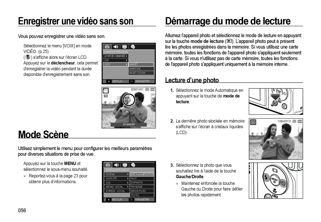 Samsung EC-WB550BBP/FR manual Enregistrer une vidéo sans son, Démarrage du mode de lecture, Mode Scène, Lecture d’une photo 