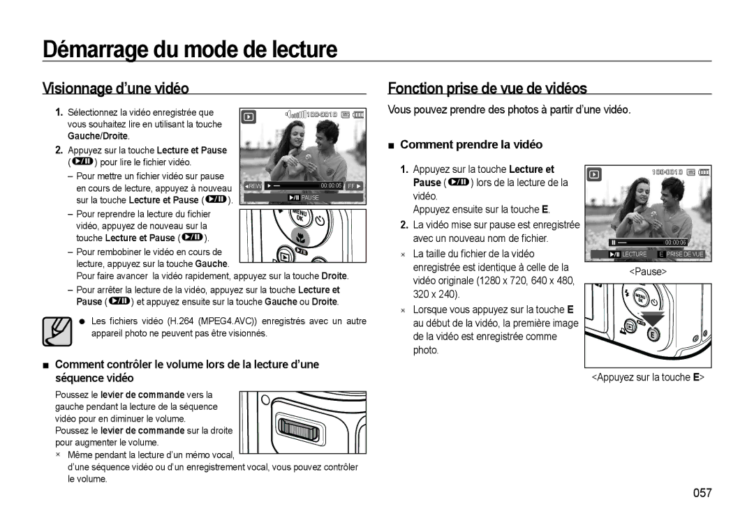 Samsung EC-WB550ABP/FR manual Visionnage d’une vidéo Fonction prise de vue de vidéos, Comment prendre la vidéo, 057 