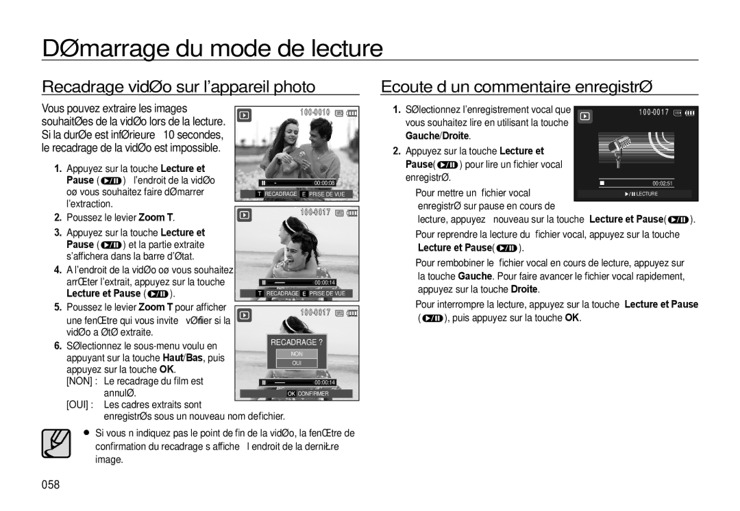 Samsung EC-WB560BBP/FR, EC-WB550BBP/FR manual Recadrage vidéo sur lappareil photo, Ecoute d’un commentaire enregistré, 058 