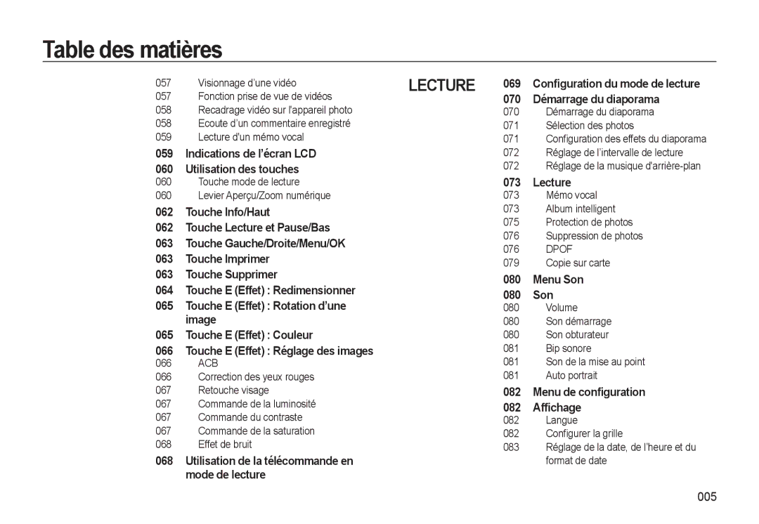 Samsung EC-WB550BBP/FR, EC-WB550ABP/FR Indications de l’écran LCD Utilisation des touches, Lecture, Menu Son 080 Son, 005 