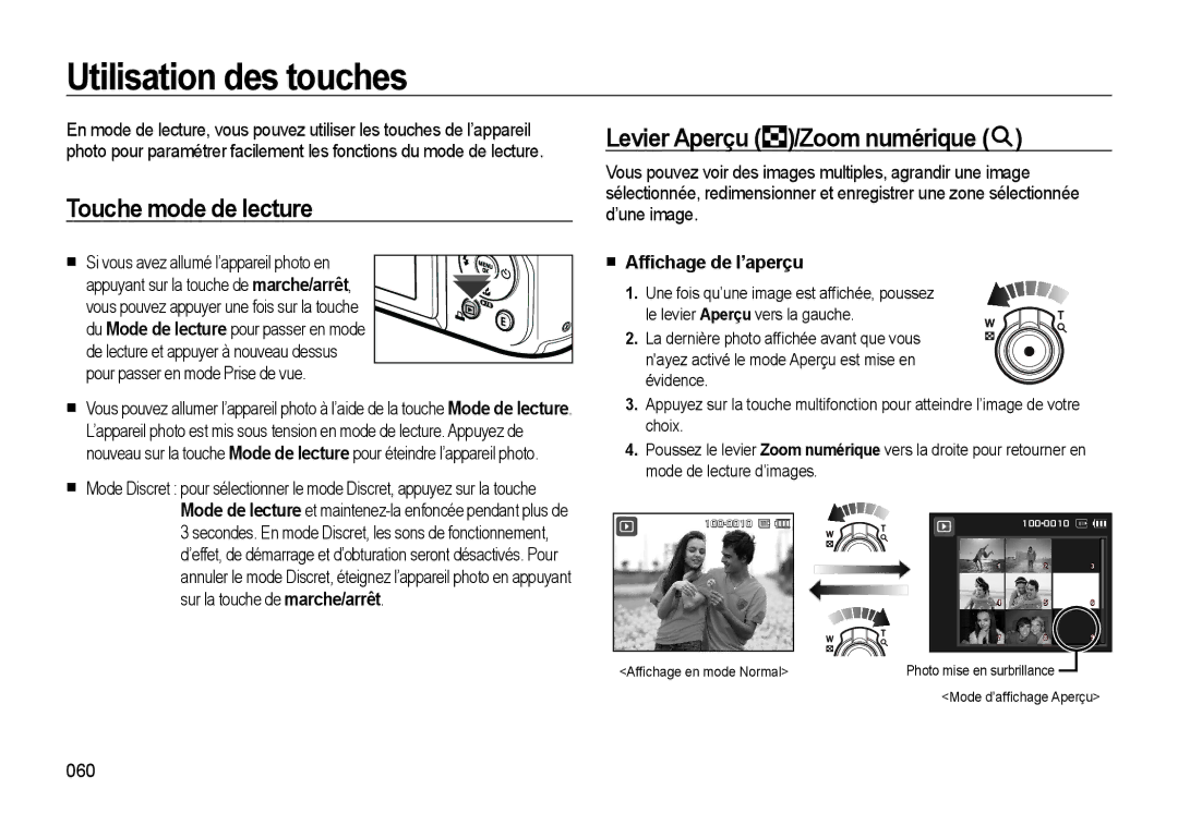 Samsung EC-WB550ABP/FR, EC-WB550BBP/FR Utilisation des touches, Touche mode de lecture, Levier Aperçu /Zoom numérique, 060 