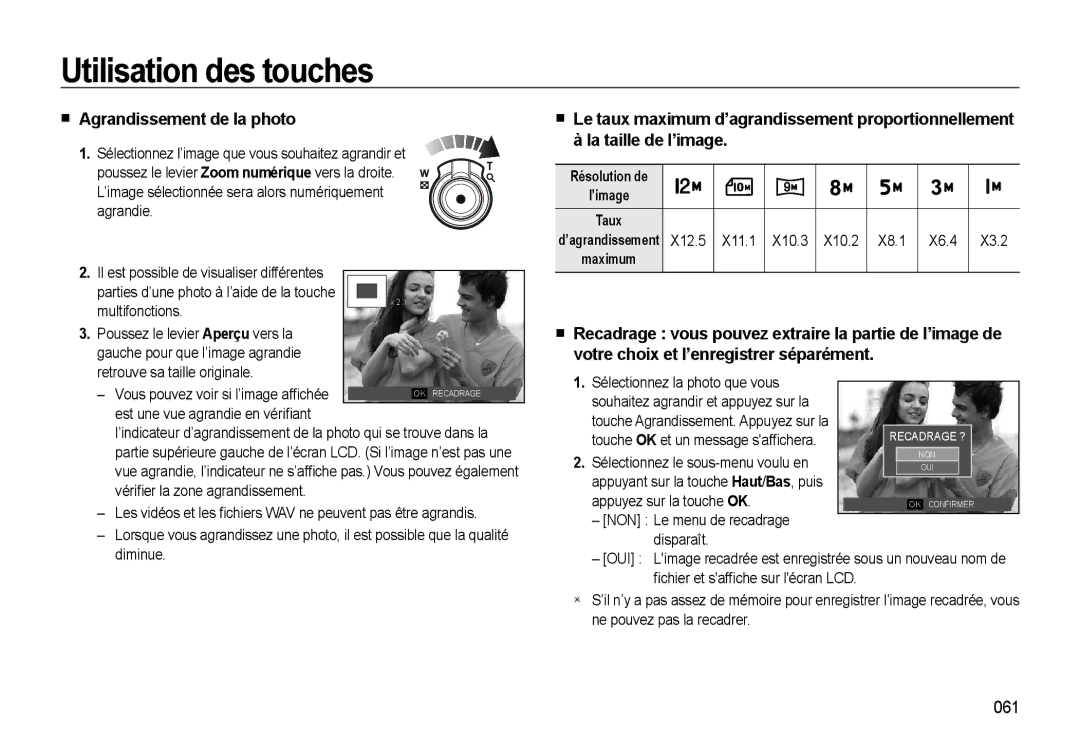 Samsung EC-WB560BBP/FR manual Agrandissement de la photo, 061, X12.5 X11.1 X10.3 X10.2 X8.1 X6.4 X3.2, Multifonctions 