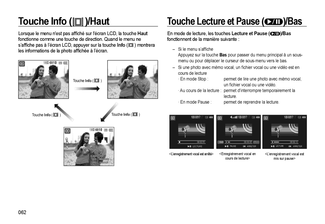 Samsung EC-WB550BBP/FR, EC-WB550ABP/FR, EC-WB560BBP/FR manual Touche Info /Haut, Touche Lecture et Pause /Bas, 062 