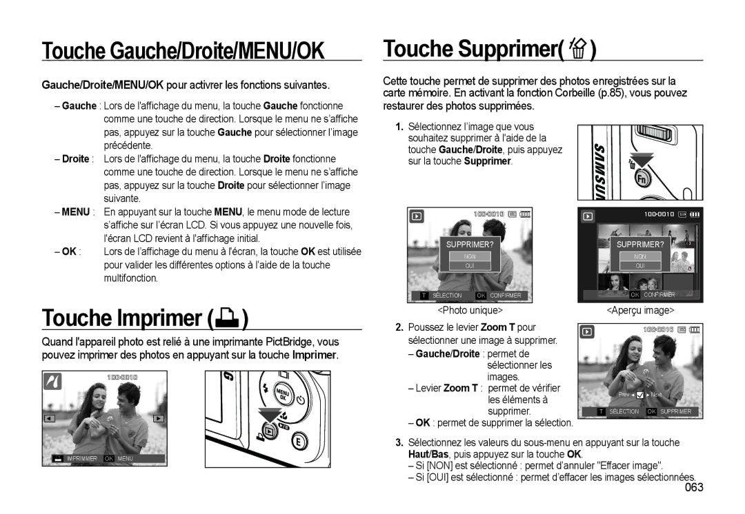 Samsung EC-WB550ABP/FR, EC-WB550BBP/FR, EC-WB560BBP/FR Touche Gauche/Droite/MENU/OK, Touche Supprimer, Touche Imprimer, 063 