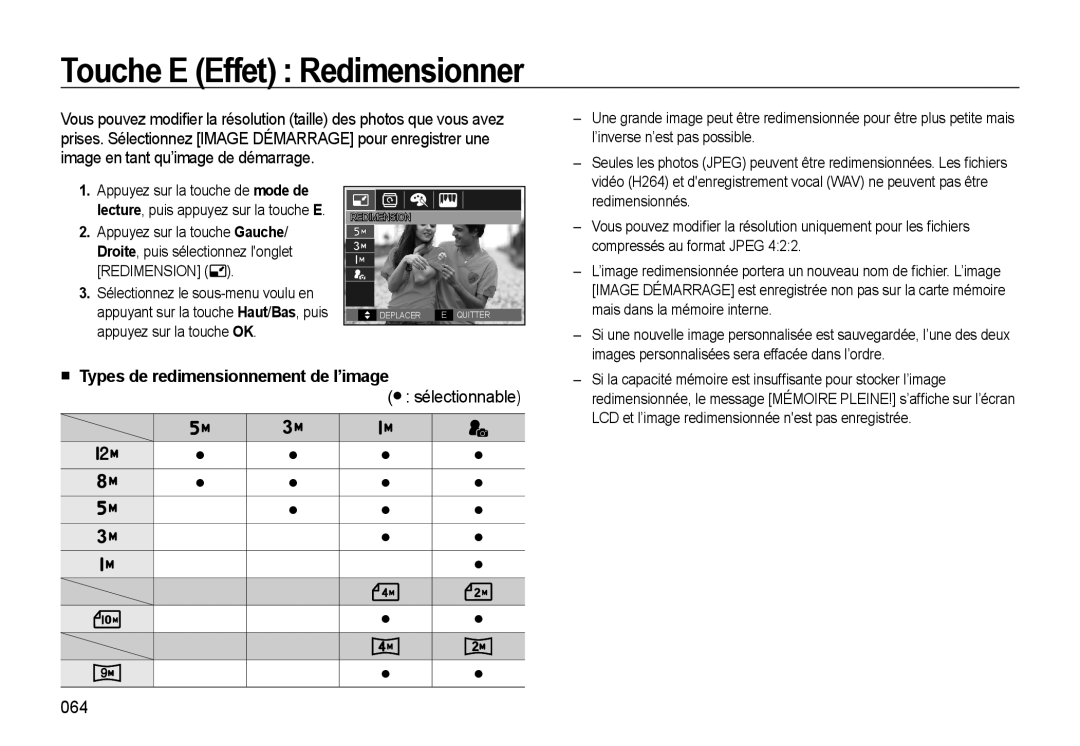 Samsung EC-WB560BBP/FR, EC-WB550BBP/FR manual Touche E Effet Redimensionner, Types de redimensionnement de l’image, 064 